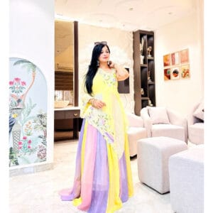Pastel Yellow & Lavender Designer Anarkali Gown with Floral Embroidery