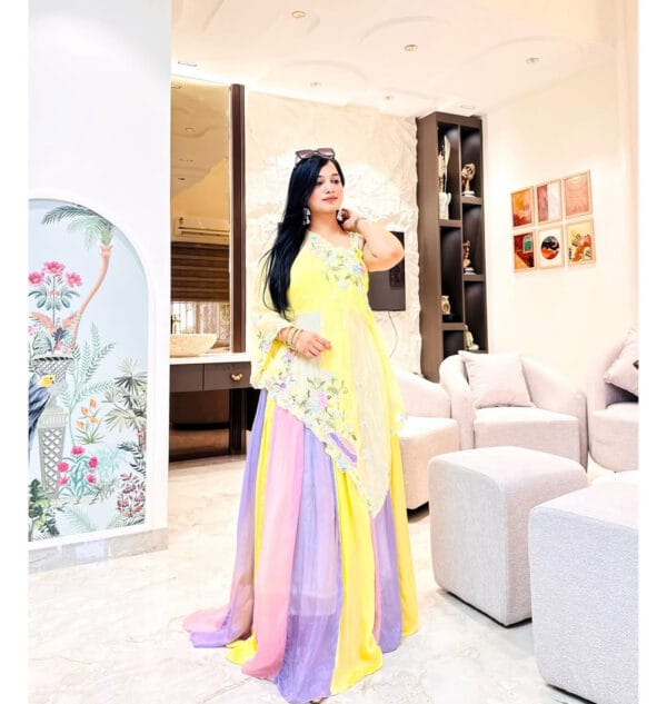 1000391924 Pastel Yellow & Lavender Designer Anarkali Gown with Floral Embroidery