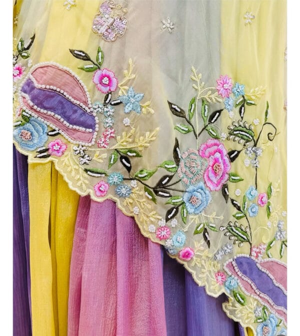 1000391925 Pastel Yellow & Lavender Designer Anarkali Gown with Floral Embroidery