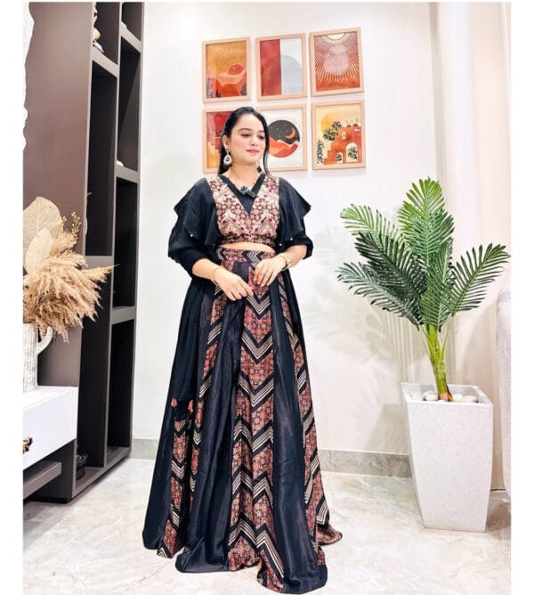 1000392702 Black Designer Ethnic Gown with Embroidered Bodice & Chevron Print Skirt