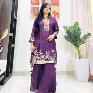 Women’s Purple Embroidered Kurta with Palazzo Set