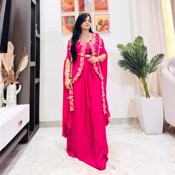 Fuchsia Pink Dhoti Style Indo-Western Set with Floral Embroidered Cape