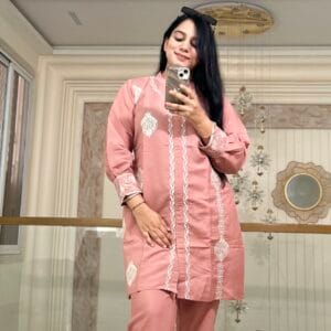 Elegant Pink Embroidered Cotton Kurta Set