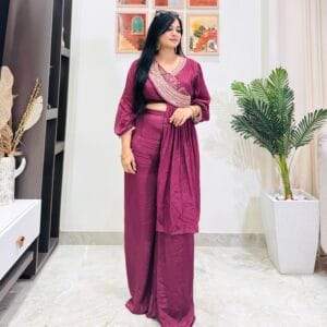 Embroidered Wine Co-Ord Set with Drape Dupatta