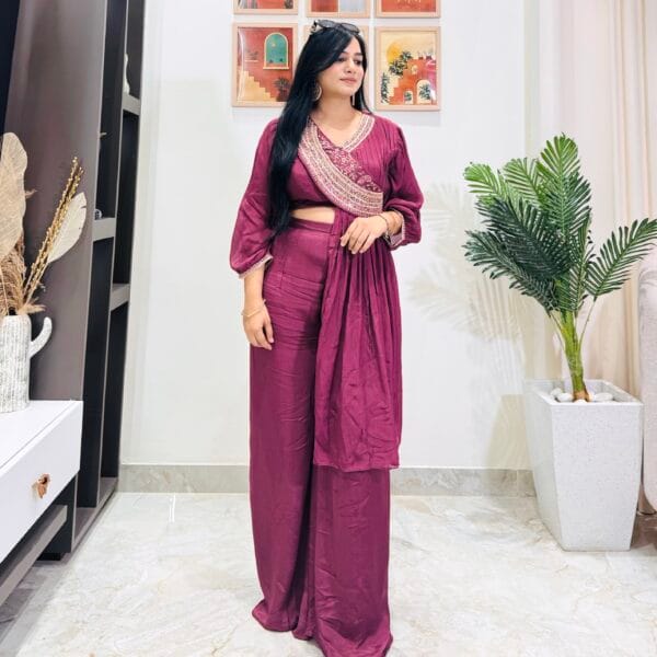Embroidered Wine Co-Ord Set with Drape Dupatta