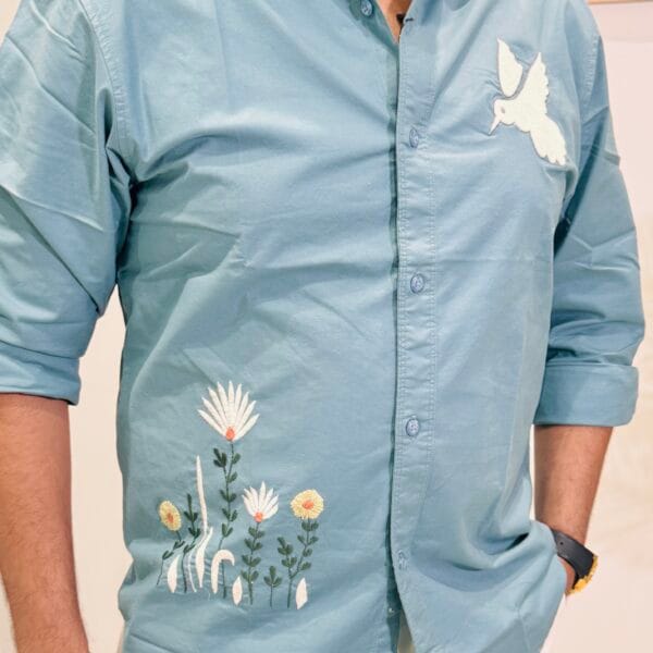 Men’s Casual Shirt with Dove and Floral Embroidery