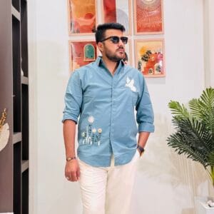 Men’s Casual Shirt with Dove and Floral Embroidery