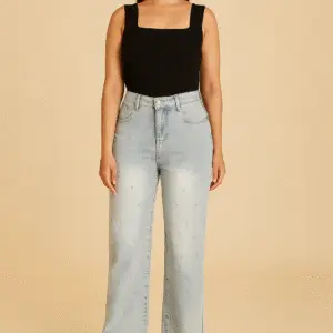 women's light blue high waisted straight jeans with pearl embellishments