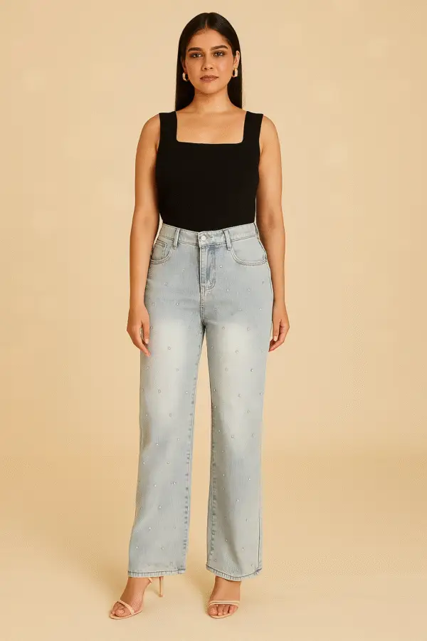 women's light blue high waisted straight jeans with pearl embellishments women's light blue high waisted straight jeans with pearl embellishments