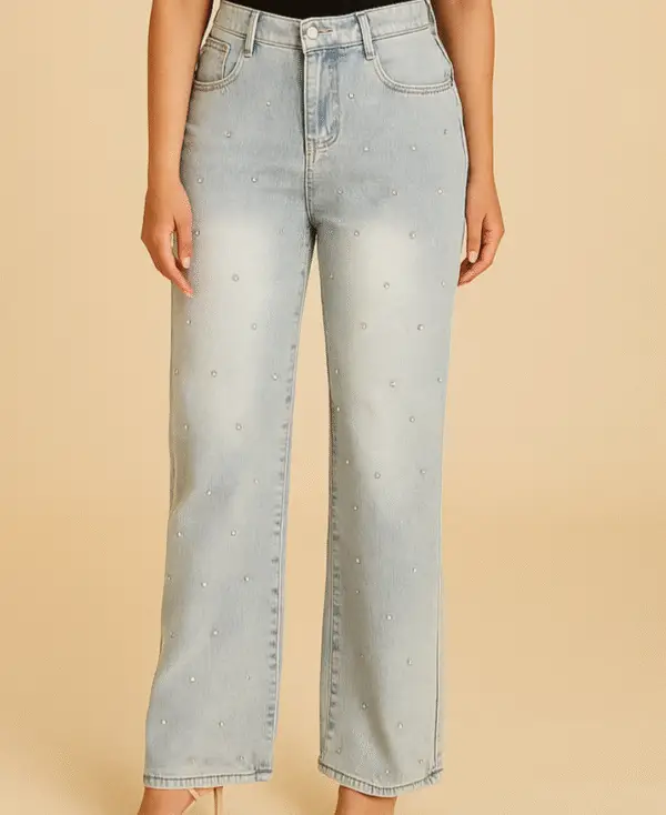 women's light blue high waisted straight jeans with pearl embellishments women's light blue high waisted straight jeans with pearl embellishments